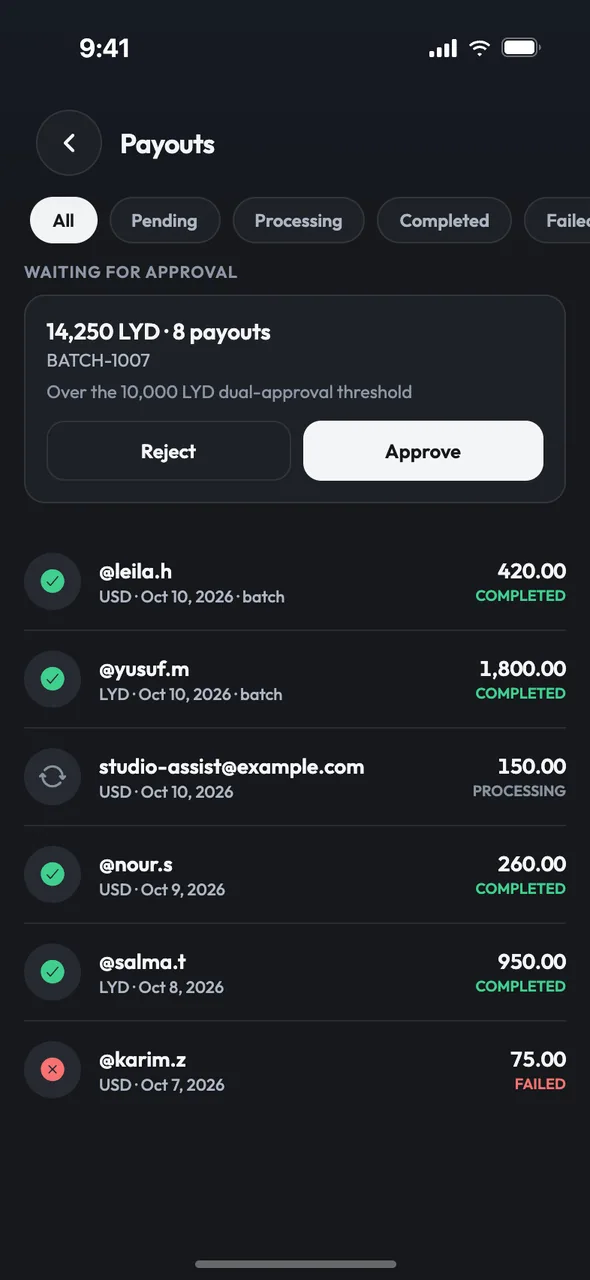 A payout batch waiting for approval, with Approve and Reject buttons