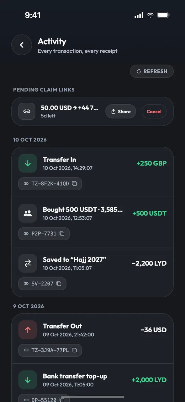 The Activity screen in tazdan listing every transfer with its reference