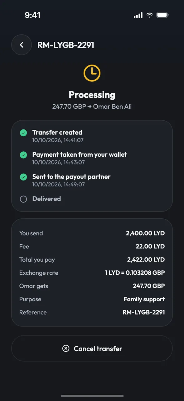 Tracking a transfer abroad in the tazdan app